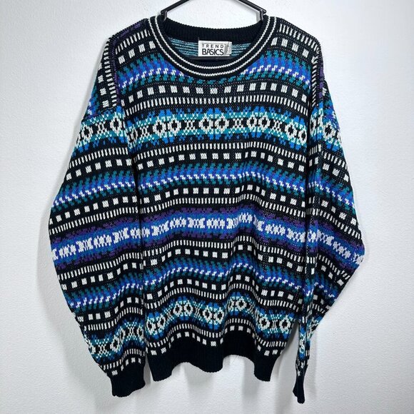 Vintage Geometric Grandpa Sweater Teal White Black Geometric Eclectic Size Large - Picture 7 of 7